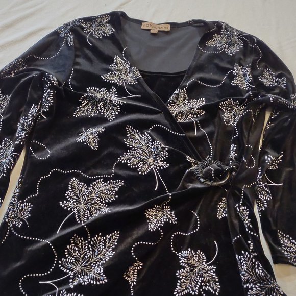 NOTATIONS BLACK SILVER  GLITTER SPARKLE LEAF PATTERN FORMAL SHORT SLEEVE TOP M - Picture 1 of 11